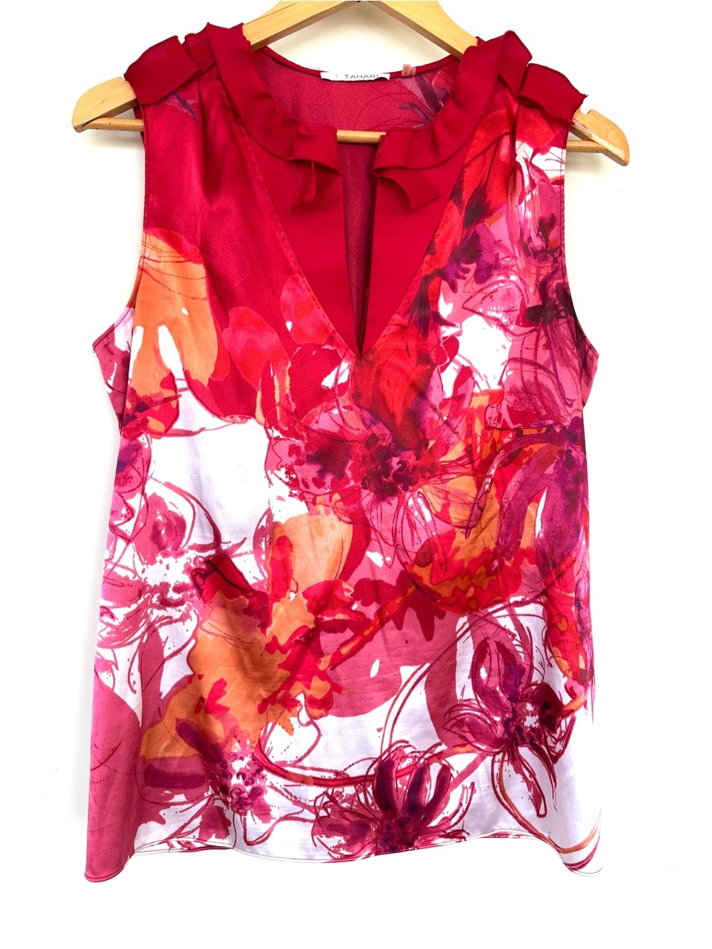 Tahari Pink Red Orange Floral Ruffle V-Neck Sleeveless Blouse, Satin Fabric